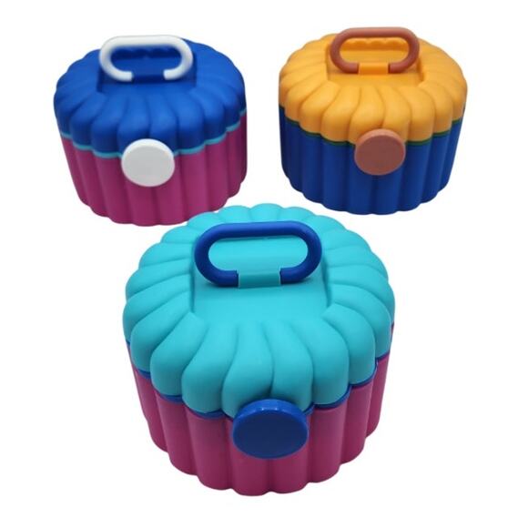 Round Plastic Multi-Colored Jewelry Makeup Case Organizer, Carry Handle, Mirror - Picture 2 of 12